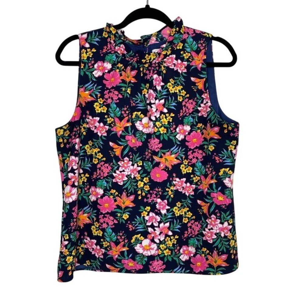 J Crew Factory Navy Blue Multi Color Bright Floral Ruffle Neck Top Blouse Size M